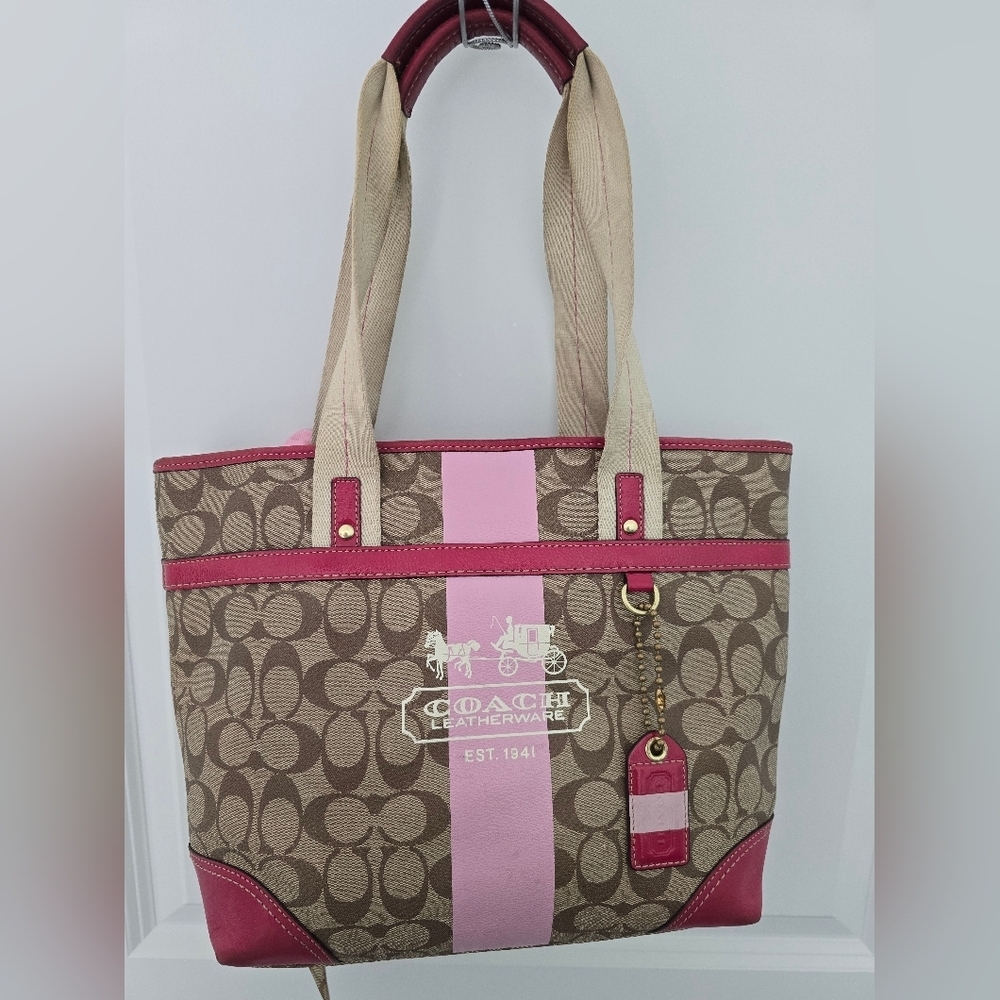 Y2K Coach Heritage Pink Stripe Tote - Picture 1 of 9